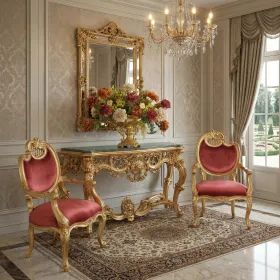 Red Pair of French Rococo Fireside Chairs