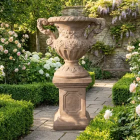 Floral Scrolled Urn on Base Stone Cast