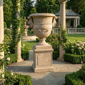 Large Lion Urn on Base Stone Cast - Reinforced