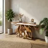 60 Inch Teak Root Console Table White Resin