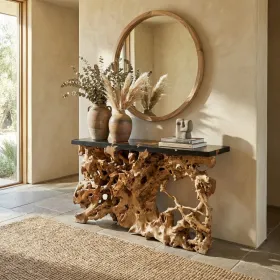 60 Inch Teak Root Console Table Black Resin