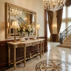 Grand Carved Console and Mirror Set of 2 68"W with Marble Top-Platine