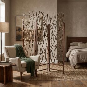 70" Brown Wood Branches Folding Three Panel Screen Room Divider