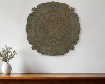 Distressed Green European Medallion Metal Wall Decor