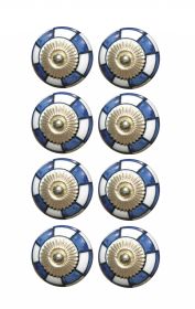 Set of Eight Blue White And Gold Geometric Ceramic Drawer Pull Knobs