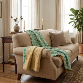 50" X 70" Green and Ivory Kantha Cotton Geometric Throw Blanket with Embroidery