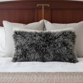 17" Black Genuine Tibetan Lamb Fur Pillow With Microsuede Backing