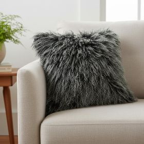 20" Black White Genuine Tibetan Lamb Fur Pillow With Microsuede Backing