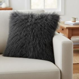 24" Charcoal Genuine Tibetan Lamb Fur Pillow With Microsuede Backing