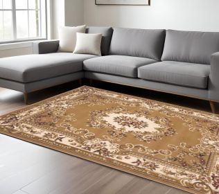 8' X 11' Beige Ivory Machine Woven Hand Carved Floral Medallion Indoor Area Rug