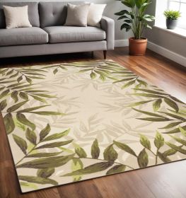 5' X 8' Ivory Hand Tufted Bordered Tropical Leaves Indoor Area Rug
