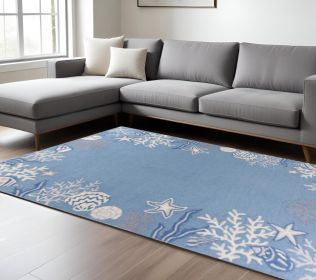 8' X 10' Sea Blue Hand Hooked Bordered Coral Reef Indoor Area Rug