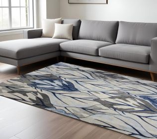 8' X 11' Grey Navy Machine Woven Oversized Leaves Indoor Area Rug
