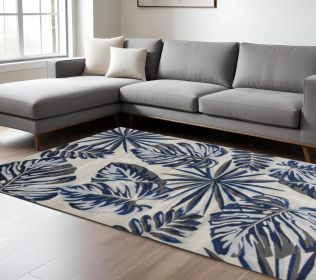 8' X 11' Grey Blue Machine Woven Oversized Tropical Leaves Indoor Area Rug