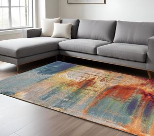 8' X 11' Blue Rust Orange Machine Woven Abstract Brushstrokes Indoor Area Rug