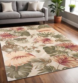 5' X 8' Beige Hand Tufted Tropical Leaves Indoor Area Rug