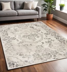8' X 10' Grey Machine Woven Distressed Floral Traditional Indoor Area Rug