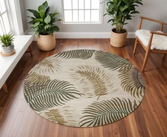 8' Natural Beige Hand Tufted Tropical Leaves Round Indoor Area Rug