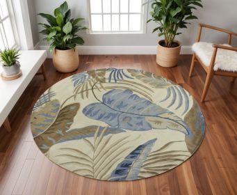 8' Ivory Blue Hand Tufted Tropical Leaves Round Indoor Area Rug