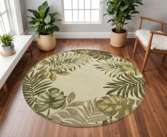 8' Ivory Hand Tufted Bordered Tropical Leaves Round Indoor Area Rug