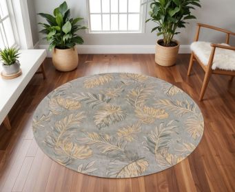 8' Grey Hand Tufted Tropical Palms Round Indoor Area Rug