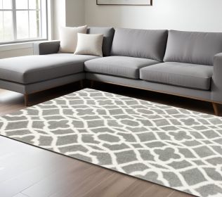 8' X 11' Grey Ivory Machine Woven Ogee Indoor Shag Area Rug
