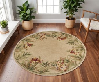8' Ivory Round Wool Tropical Floral Hand Tufted Area Rug