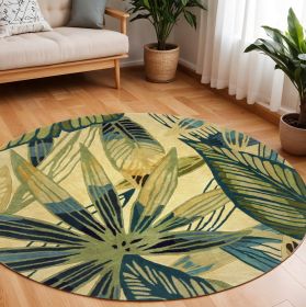 8' Ivory Teal Hand Tufted Tropical Leaves Round Indoor Area Rug