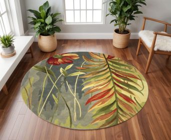 8' Blue And Green Round Wool Tropical Botanical Hand Tufted Area Rug