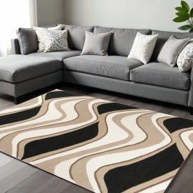 8' X 11' Black Beige Hand Tufted Abstract Waves Indoor Area Rug