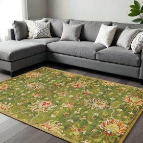 8' X 11' Green and Ivory Wool Floral Handmade Area Rug