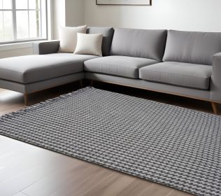 9' X 12' Grey Hand Woven Houndstooth With Braided Fringe Indoor Area Rug