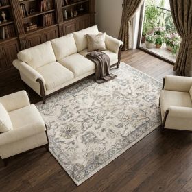 9' X 13' Ivory Machine Woven Distressed Floral Traditional Indoor Area Rug