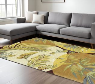 8' X 10' Coral Red Ivory Hand Tufted Tropical Leaves Indoor Area Rug