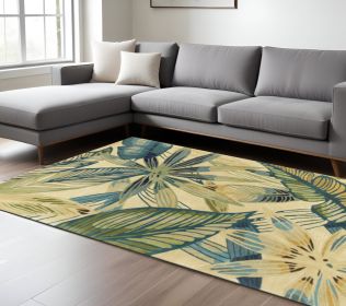 8' X 10' Ivory Teal Hand Tufted Tropical Leaves Indoor Area Rug