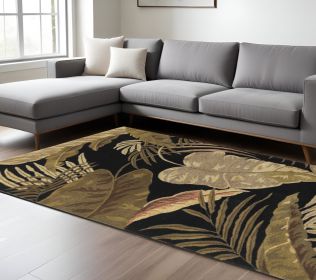 8' X 11' Midnight Black Hand Tufted Tropical Leaves Indoor Area Rug