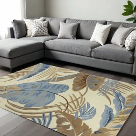 8' X 11' Ivory and Blue Wool Tropical Botanical Hand Tufted Area Rug