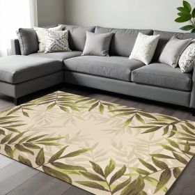 8' X 11' Ivory Hand Tufted Bordered Tropical Leaves Indoor Area Rug