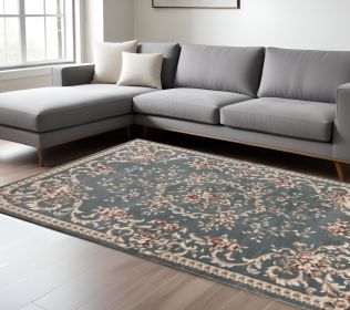 9' X 12' Slate Blue and Ivory Floral Area Rug