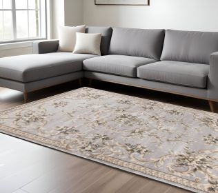 9' X 12' Light Grey Bordered Floral Indoor Area Rug