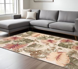 9' X 12' Beige Hand Tufted Tropical Leaves Indoor Area Rug