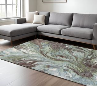 9' X 13'  Green And Brown Abstract Marble Area Rug