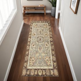 2' X 7' Grey Or Mocha Floral Vines Bordered Wool Runner Rug