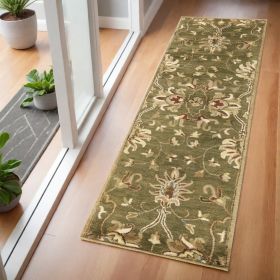 2' X 7' Emerald Green Floral Vine Wool Runner Rug