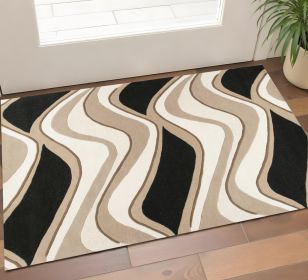 3' X 5' Black Or Beige Abstract Waves Wool Area Rug