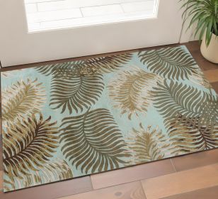 3' X 5' Aqua Fern Leaves Wool Area Rug