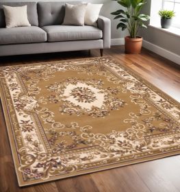 5' X 8' Beige Ivory Machine Woven Hand Carved Floral Medallion Indoor Area Rug