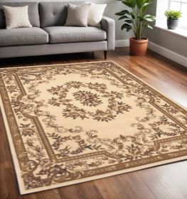 5' X 8' Ivory Machine Woven Hand Carved Floral Medallion Indoor Area Rug