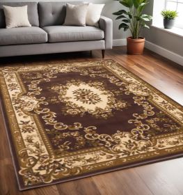 5' X 8' Plum Ivory Machine Woven Hand Carved Floral Medallion Indoor Area Rug