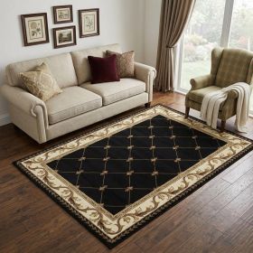 5' X 8' Black and Tan Fleur de Lis Diamond Border Area Rug